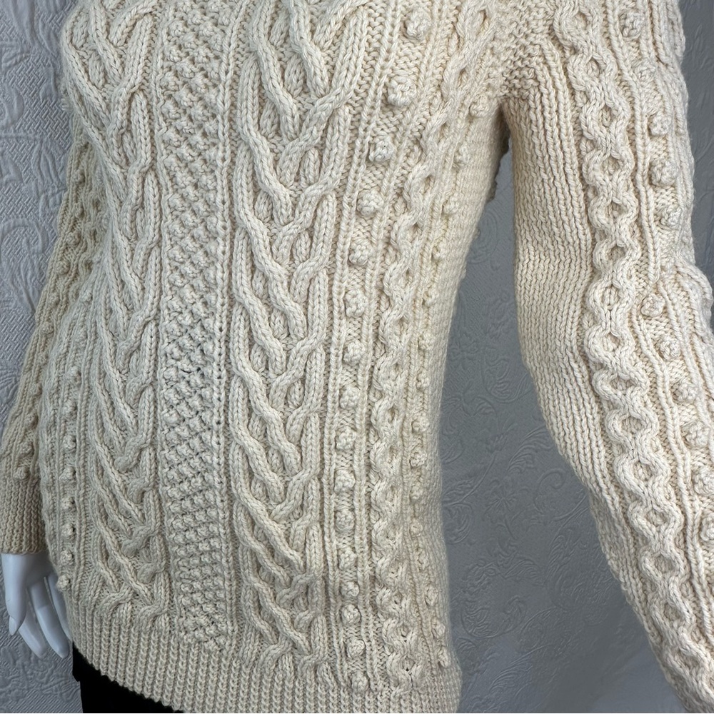 Vintage Hand Knit Wool Extra Long Aran Fisherman Knit Turtleneck Cable Sweater - Picture 11 of 12